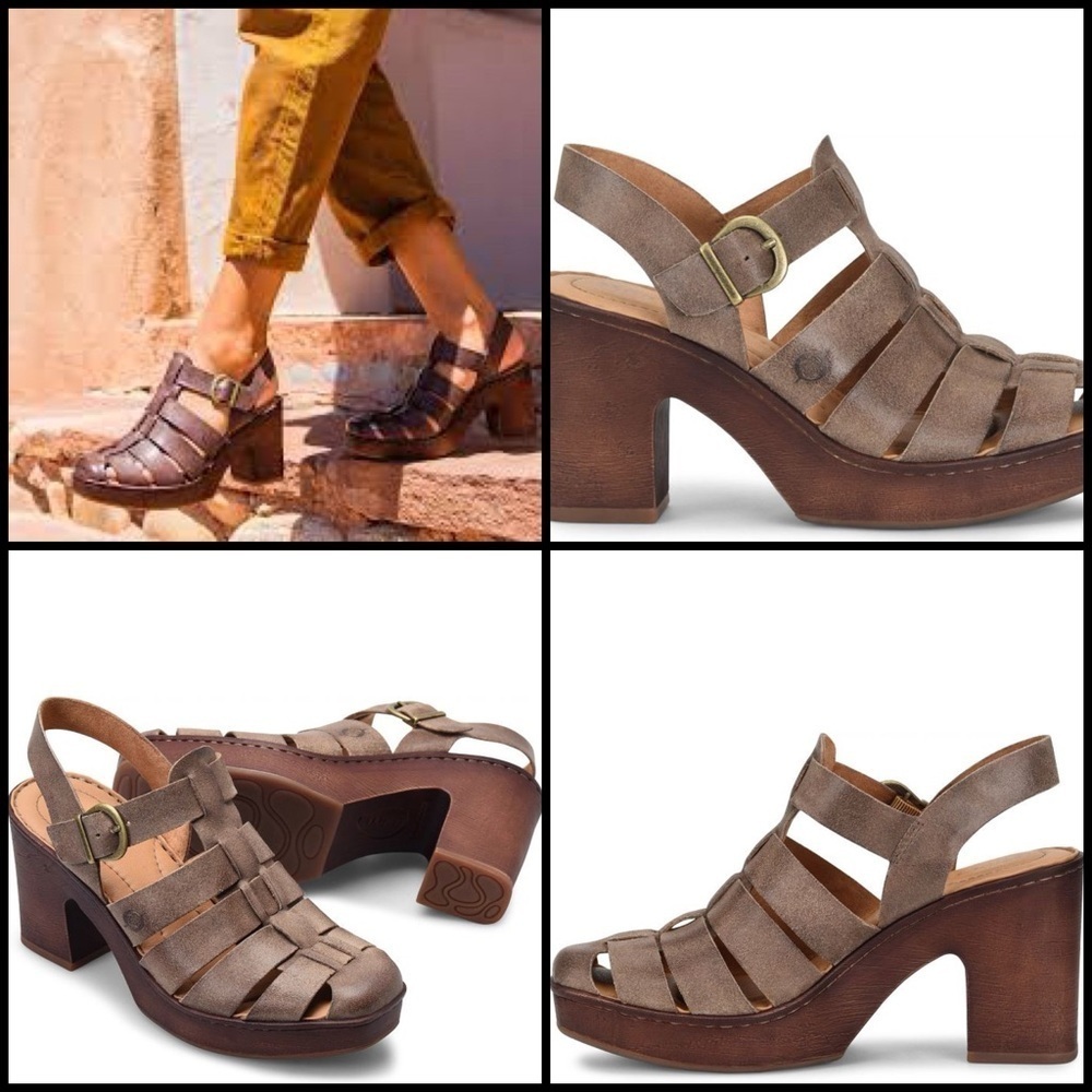 BORN LEATHER DISTRESSED SUEDE HARTLEY TAUPE WOOD GRAIN PLATFORM  SANDAL SIZE 11